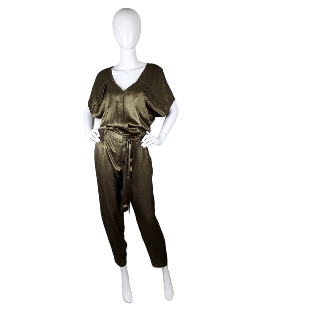 Splendid Satin Ankle Length Tie Waist Blouson Jumpsuit Olive Large